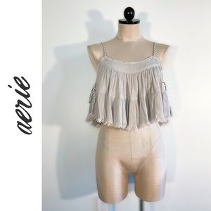 Aerie | Tan Flowy Frayed Crop Top